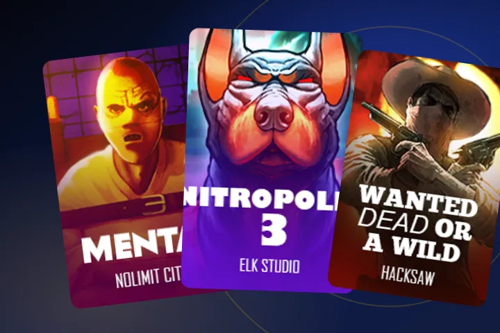 Gry w Skolim casino online Skolim casino online – okładki automatów Mental, Nitropolis 3 i Wanted Dead or a Wild na granatowym tle